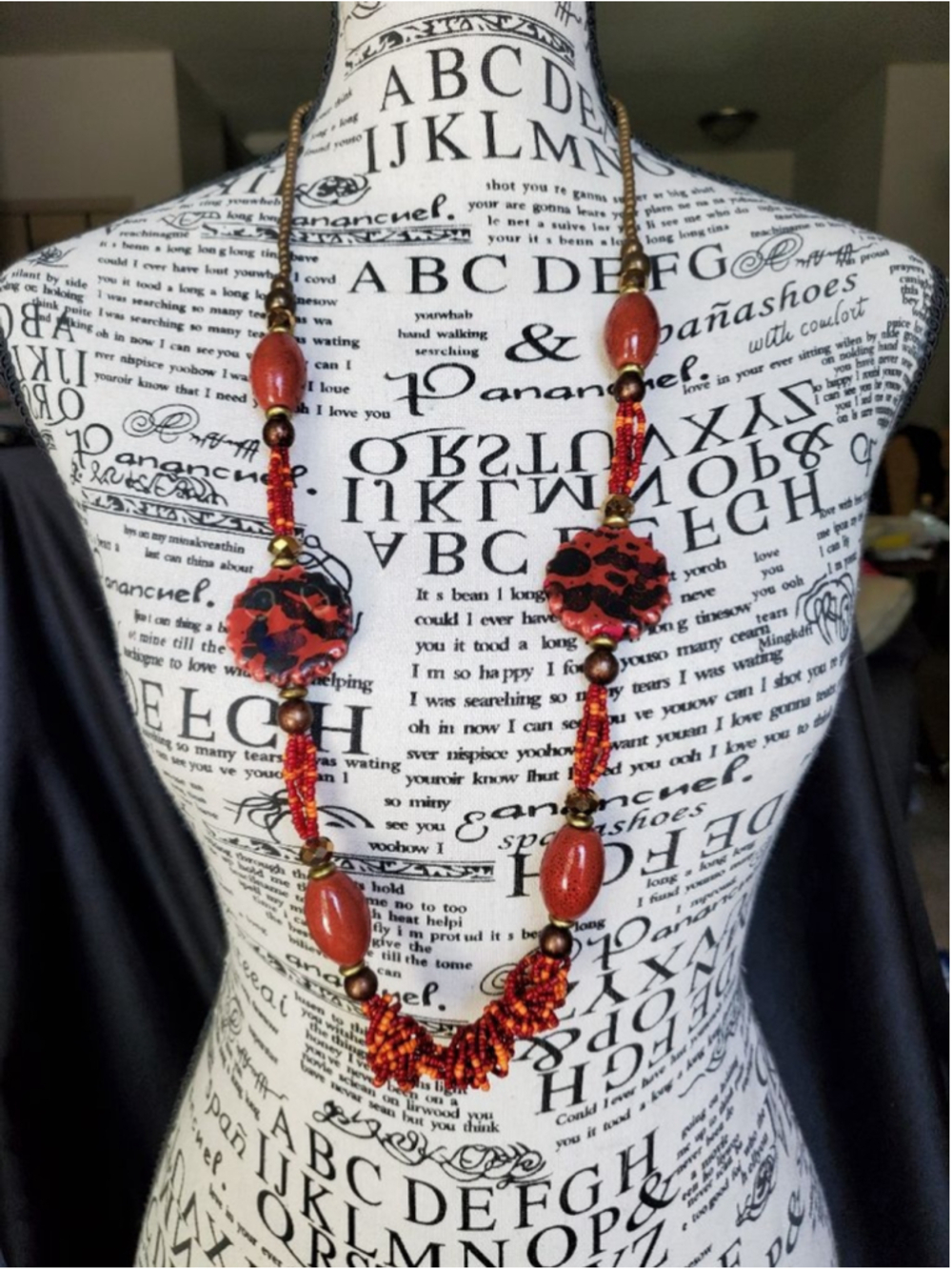 Orange Red Beaded adjustable Necklace and drop earring set.